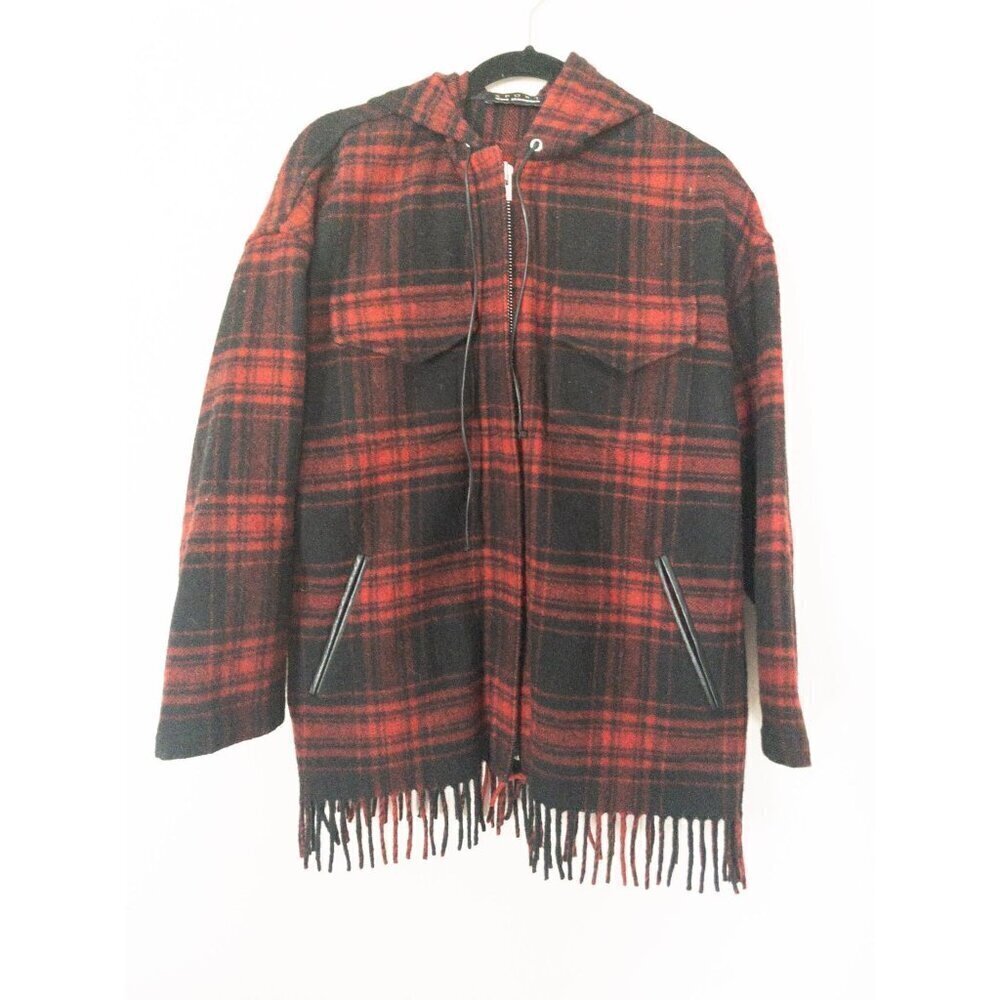 The Kooples Buffalo Plaid Red Wool Sweater Coat Fringe SZ M - Picture 5 of 13